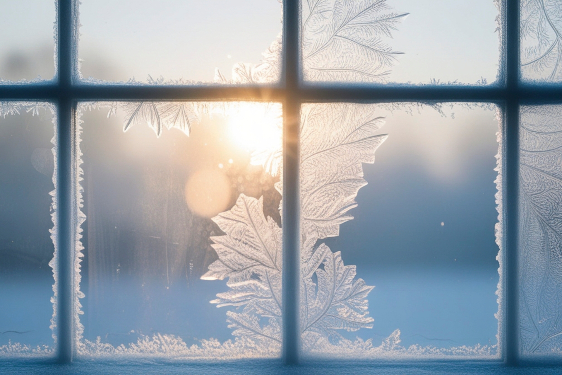 reflektion Januari, solen skiner genom ett frostbitet fönster
